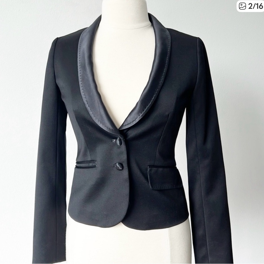 J. Crew Collection Cropped Black Tuxedo Wool Blazer Satin Trim 6